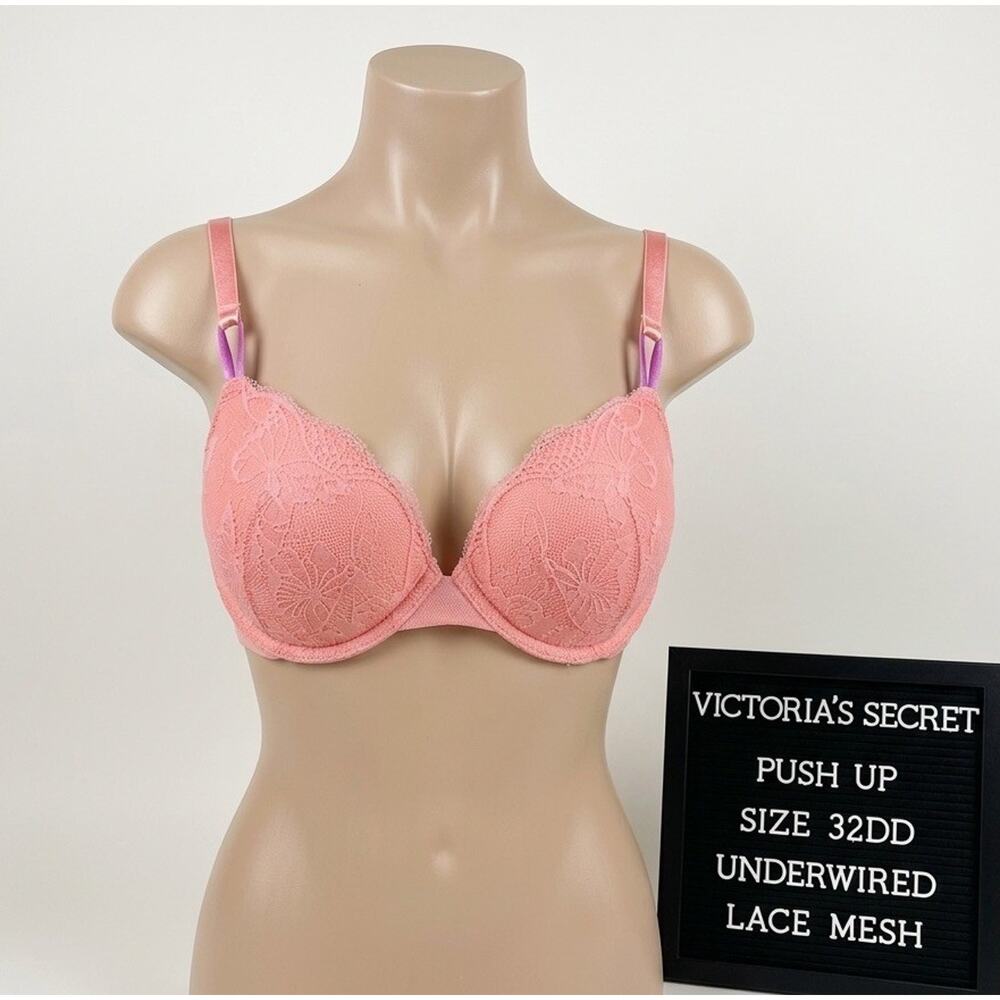 Victoria's Secret 32DD Bra Pink Peach Lace Mesh Push-Up Underwire VS